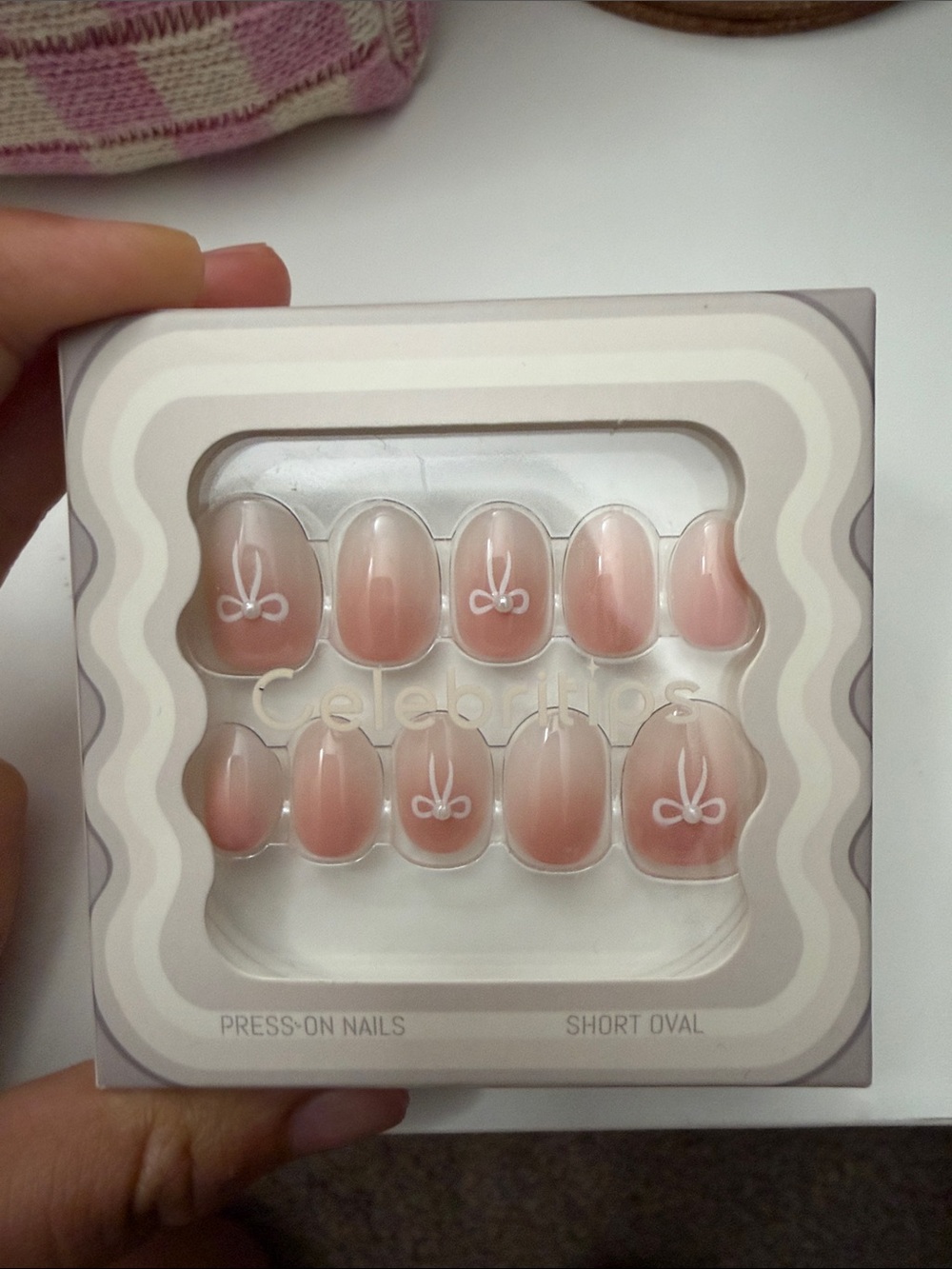 Soft Pink Ombre Press-On Nails with White Bow Detail